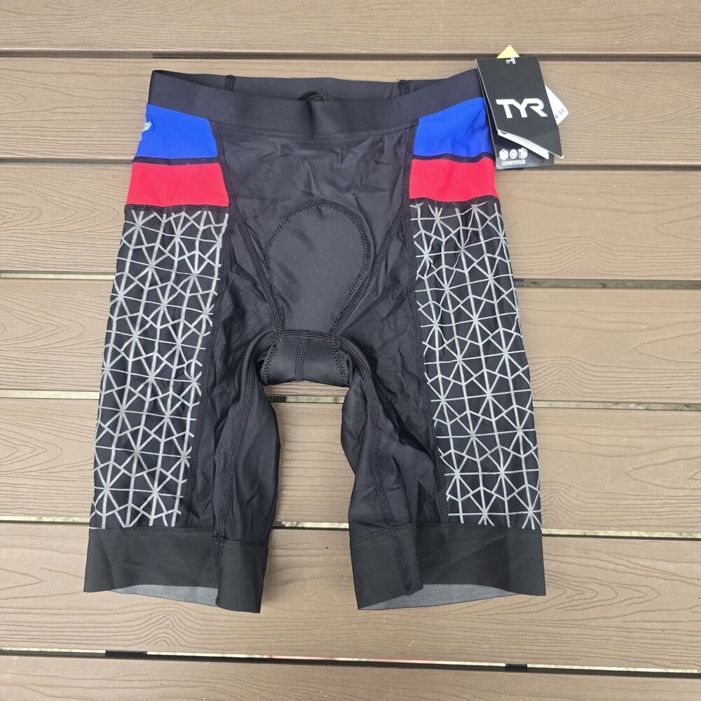 TYR Men's 9" Competitor Tri Triathlon Short  Red/Black / Blue Size: M  New